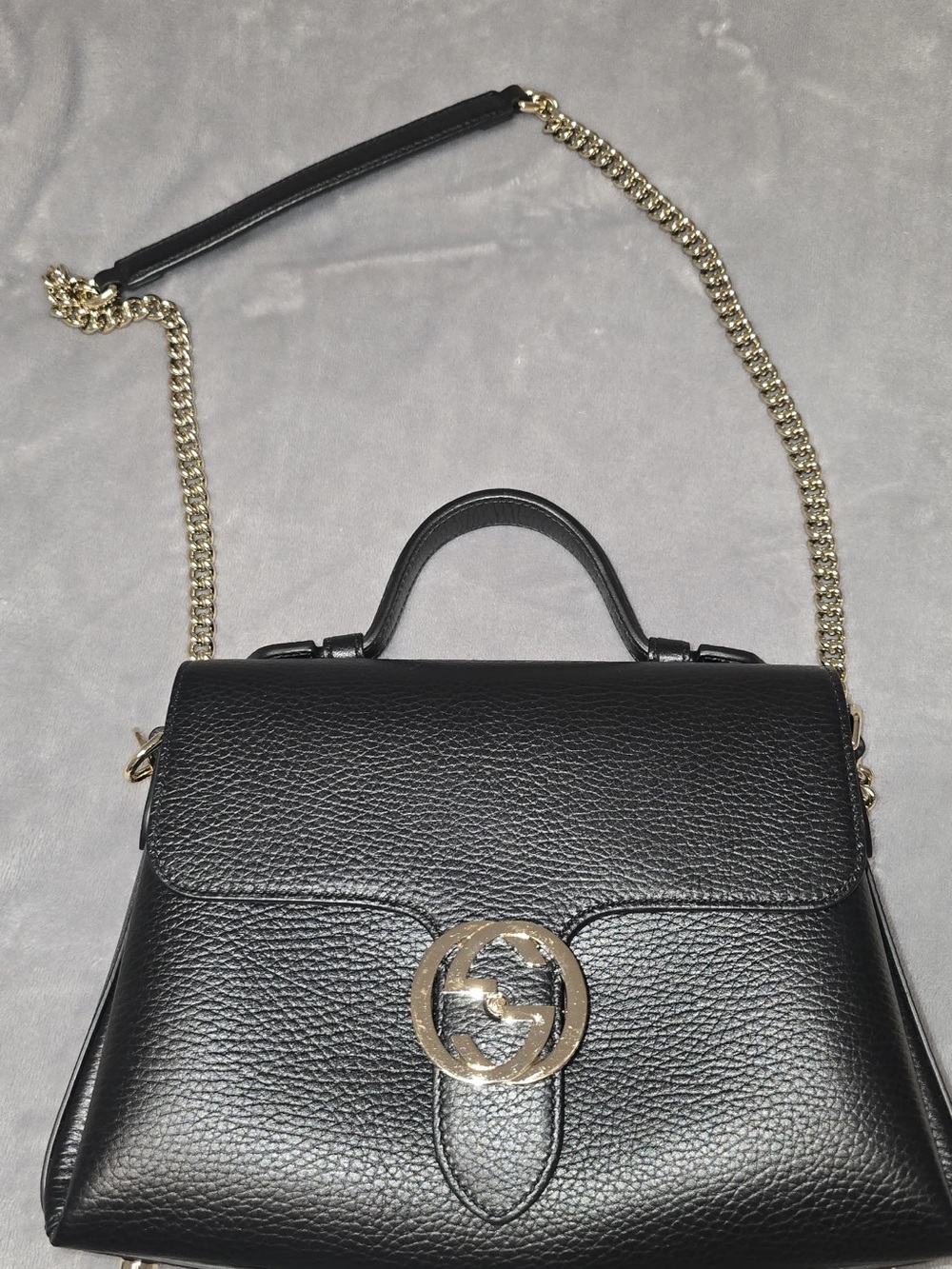 Gucci Black Leather Top-Handle Satchel with Gold Chain Strap